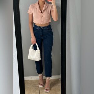 Light pink salmon cotton SS button up collared euro summer casual prep crop top